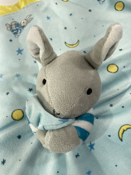 Goodnight Moon Bunny Rabbit Lovey Security Toy Plush Blanket Blue Yellow Satin - Picture 4 of 12
